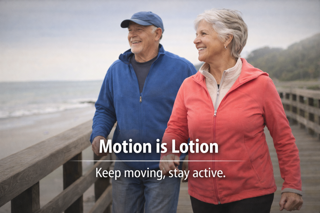Older couple walking demonstrating motion is lotion for joint health
