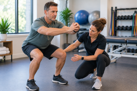 Patient receiving joint pain physical therapy to improve strength, mobility and movement.