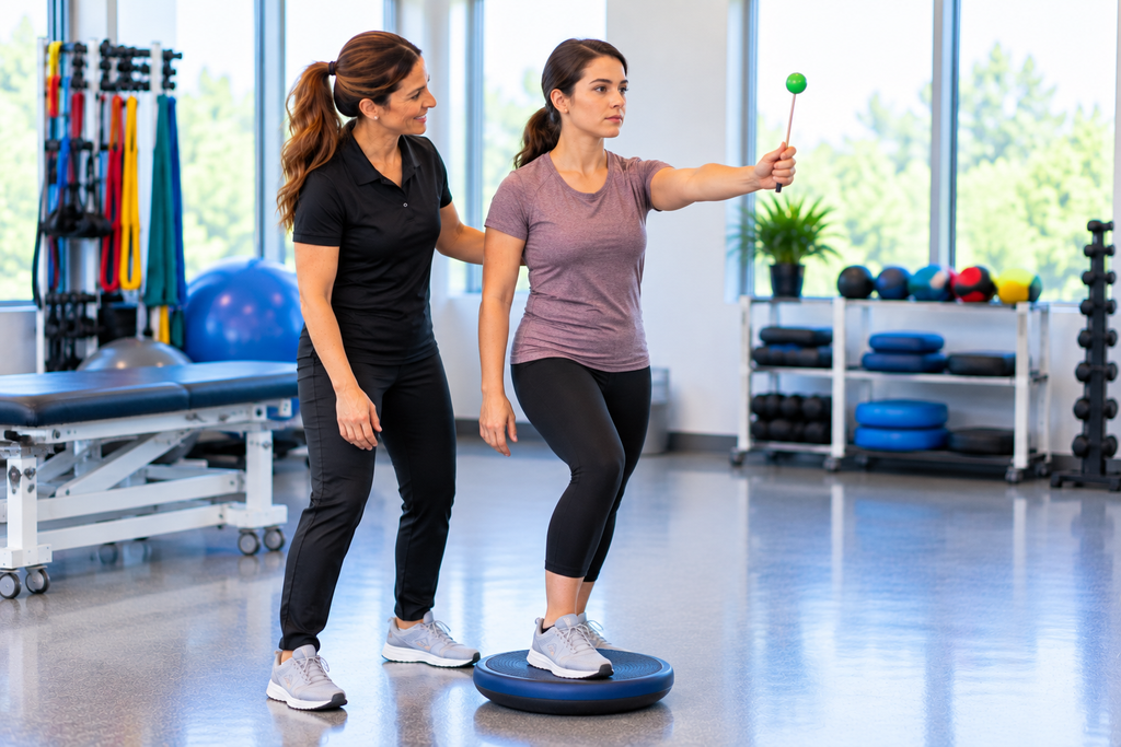 Patient performing balance and visual tracking exercises on a balance platform with a physical therapist during concussion rehabilitation.