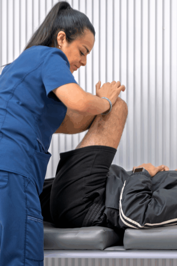 Example of dynamic and static stretching techniques used in physical therapy.