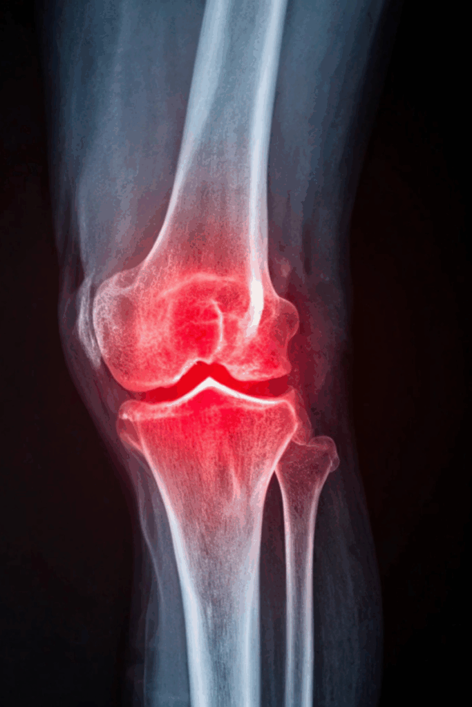 Diagram of the knee joint showing synovial fluid and cartilage.