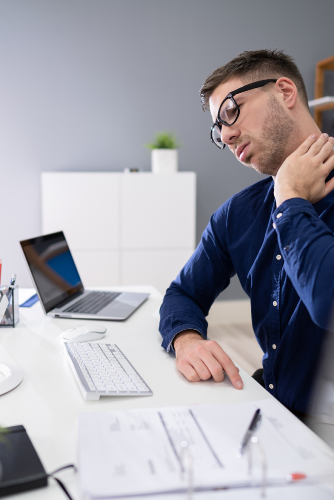 Text neck in parents caused by frequent phone and tablet use throughout the day.
