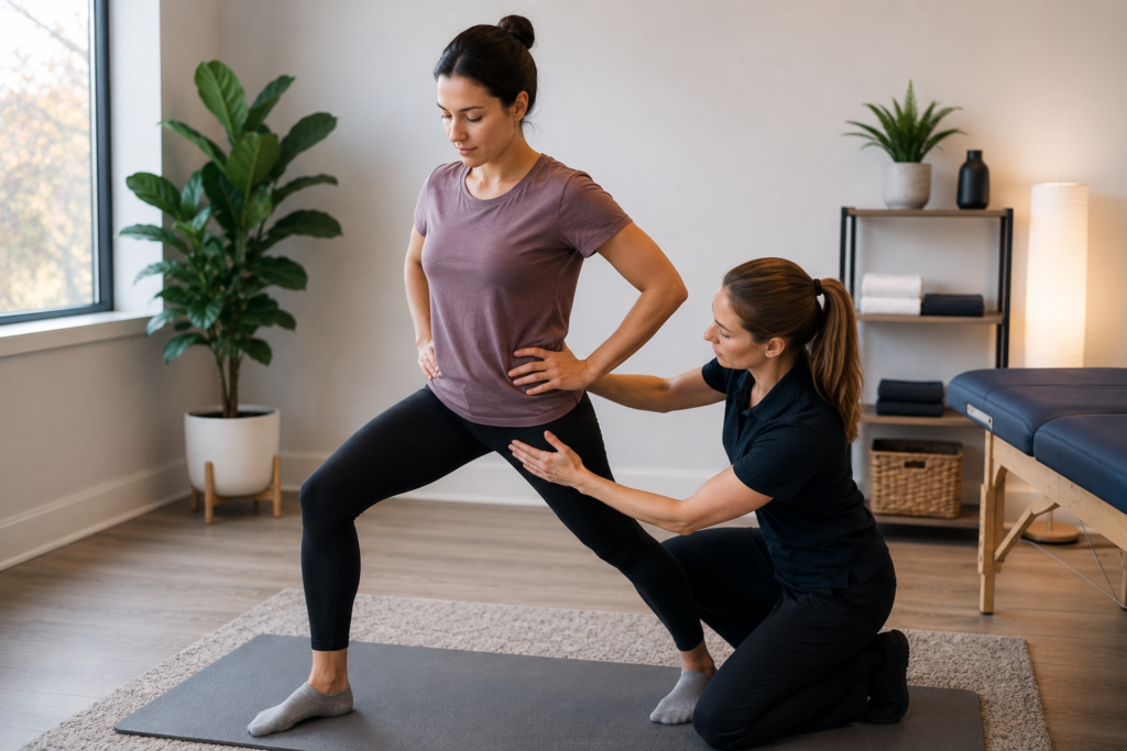 Pelvic or genital pain physical therapy with a patient performing a guided mobility exercise