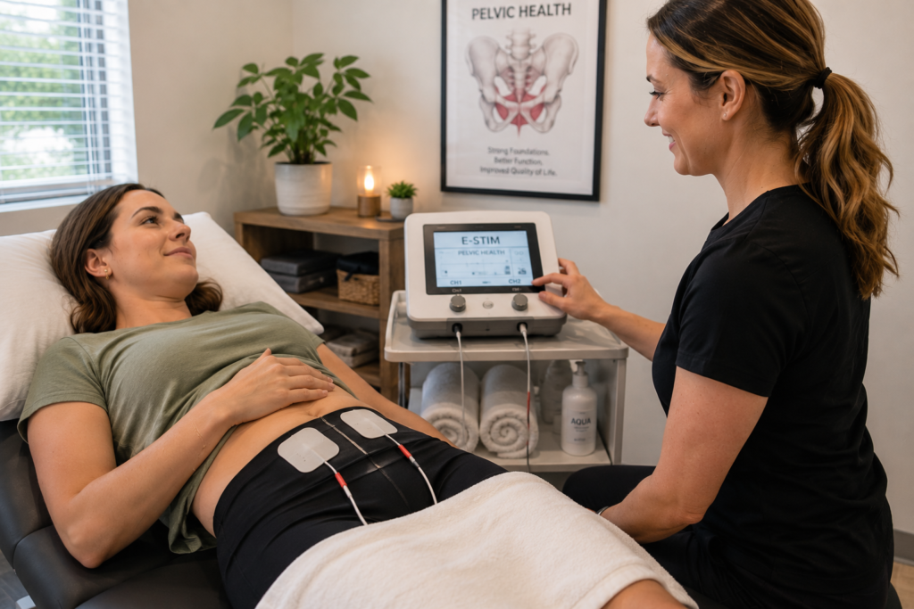 Pelvic floor electrical stimulation therapy used to improve muscle strength and bladder control.