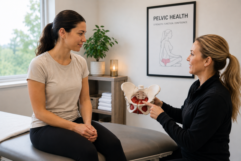 Physical therapist explaining pelvic health using a pelvic anatomy model during a one-on-one consultation with a patient.