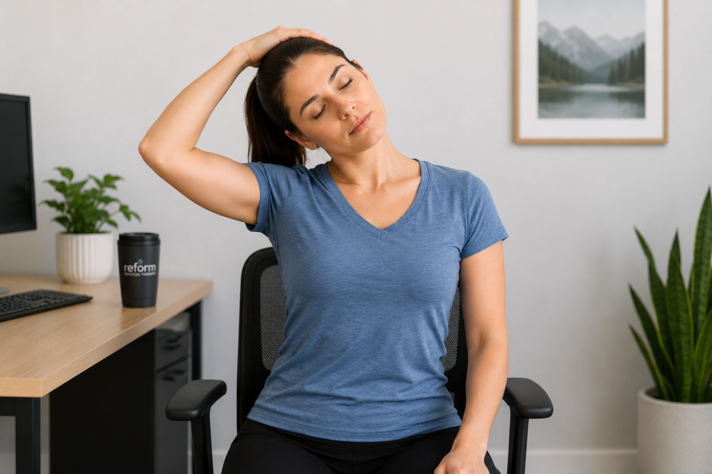 Woman performing a seated neck side stretch in an office chair to relieve neck tension and stiffness caused by prolonged sitting at a desk.