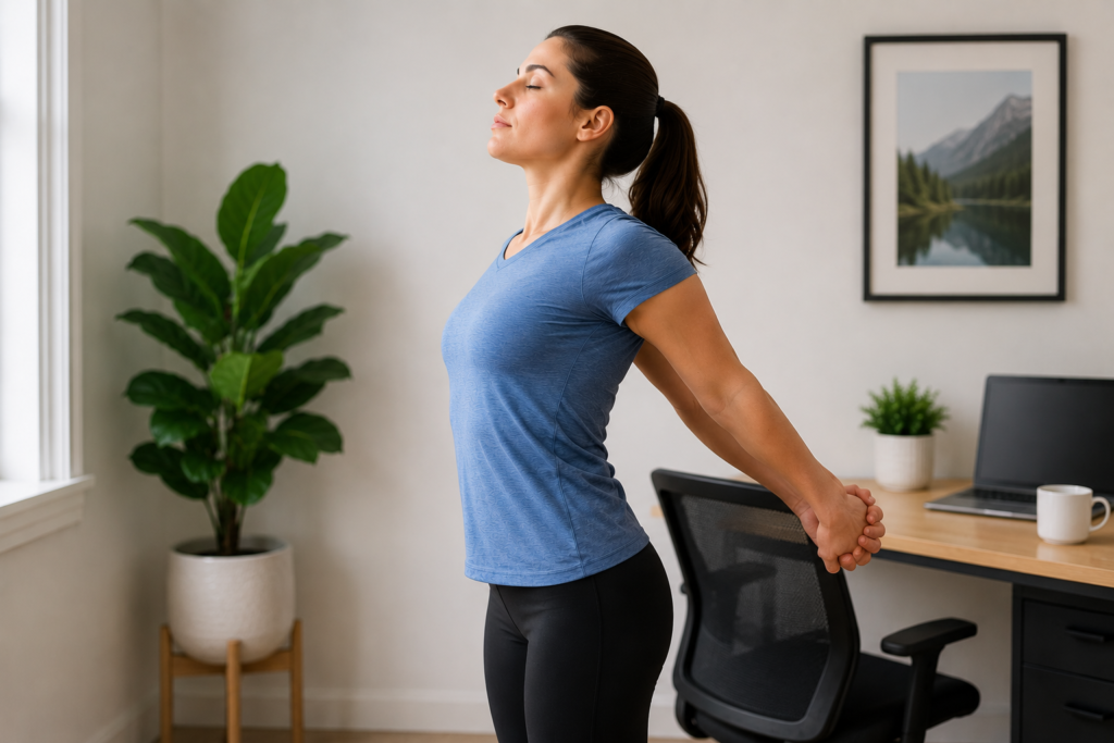 Woman performing a standing chest opener stretch by clasping her hands behind her back to improve posture and relieve chest and shoulder tightness from prolonged sitting.