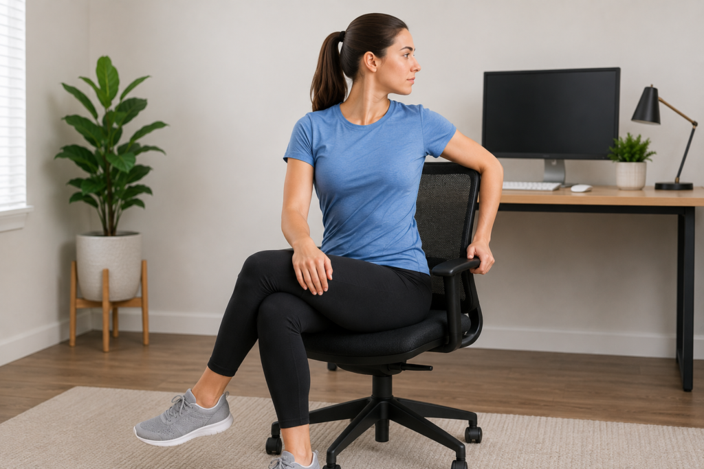 Woman performing a seated spinal rotation stretch in an office chair to improve spinal mobility and relieve back stiffness caused by prolonged sitting.