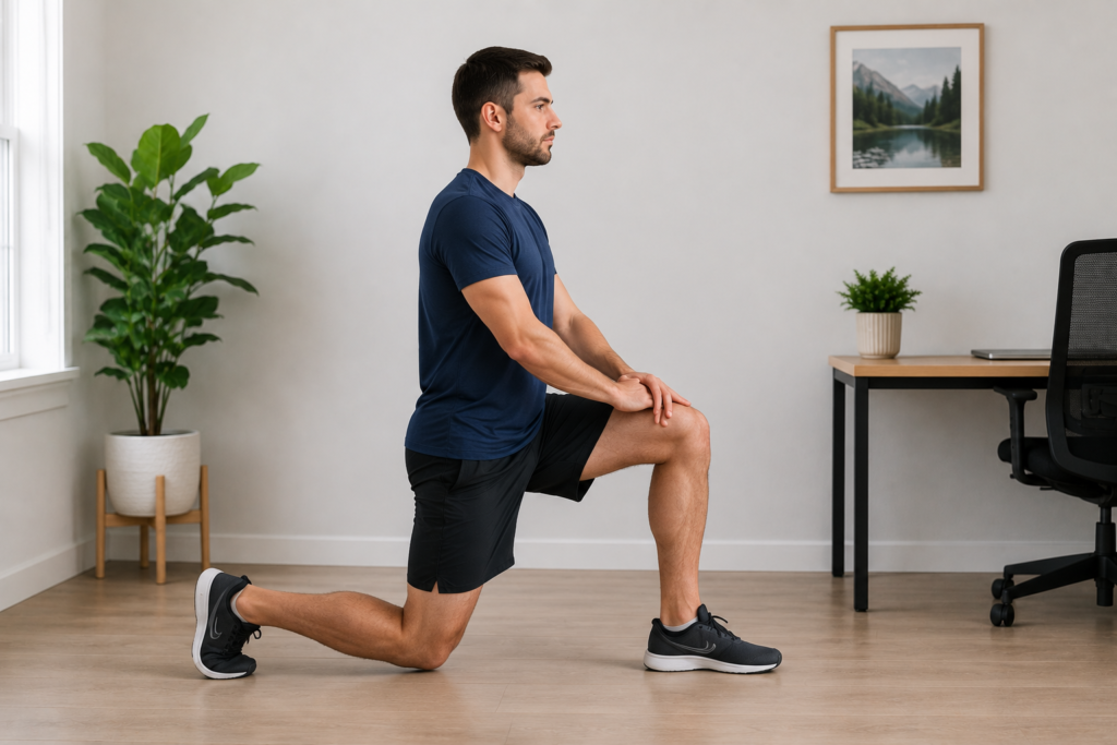 Person performing a kneeling hip flexor stretch to improve hip mobility and reduce tightness caused by prolonged sitting at a desk.