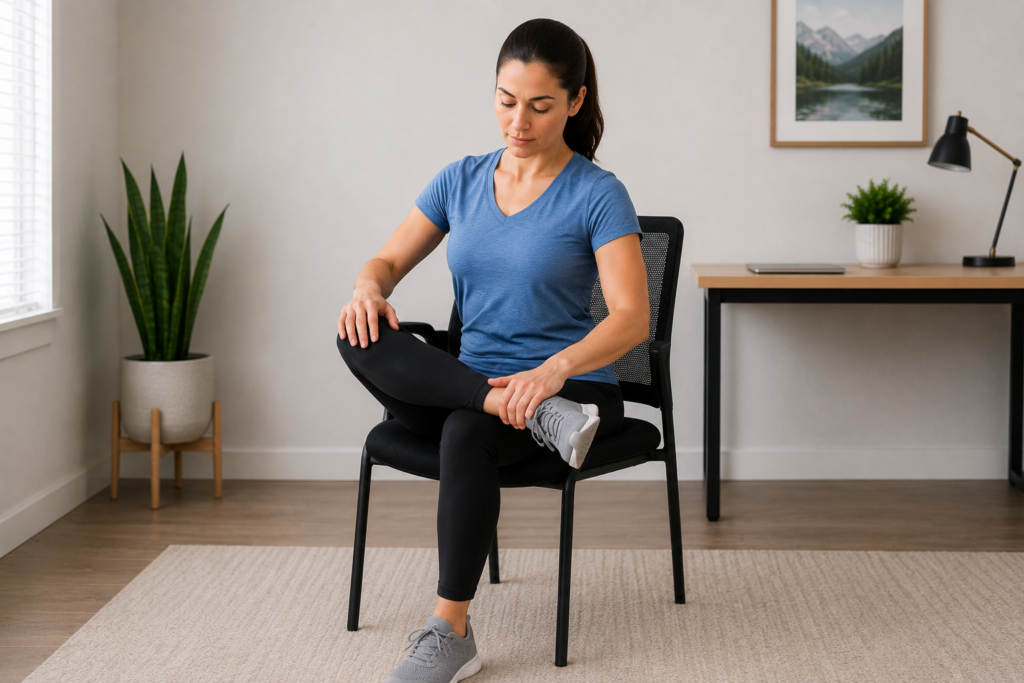 Woman performing a seated figure four stretch to improve hip mobility and relieve tension in the hips and glutes from prolonged sitting.