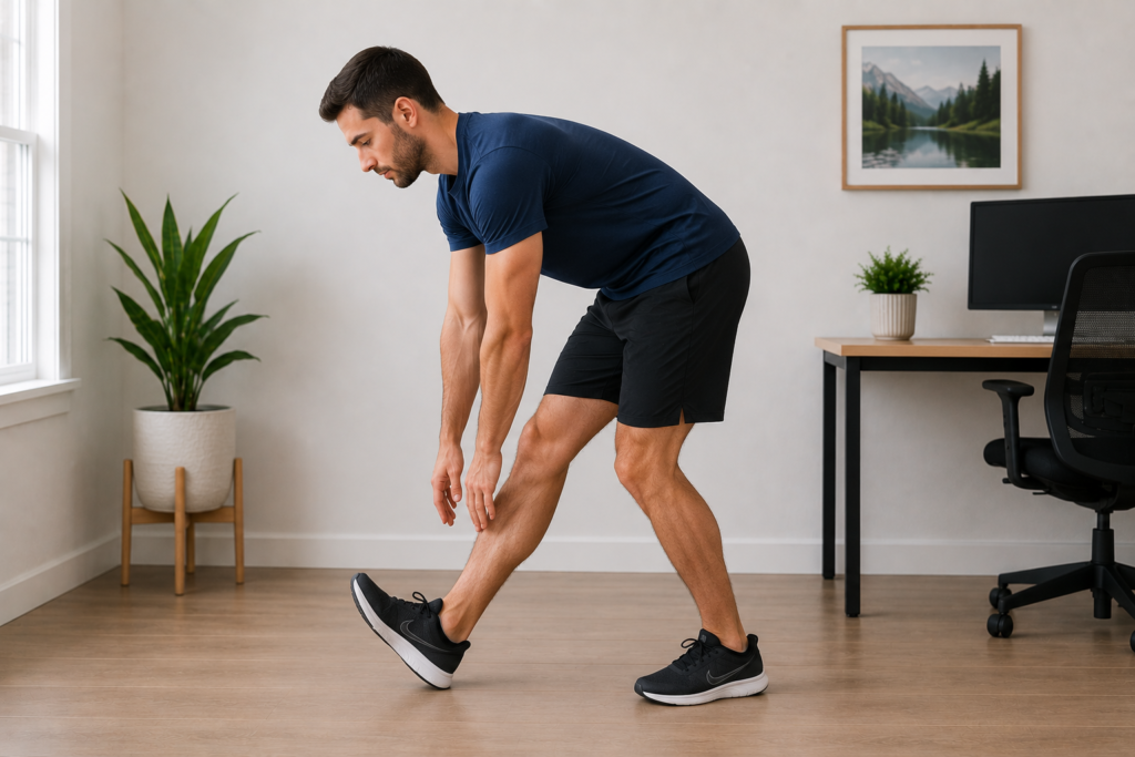 Person performing a standing hamstring stretch to improve flexibility and reduce tightness in the back of the legs after prolonged sitting.