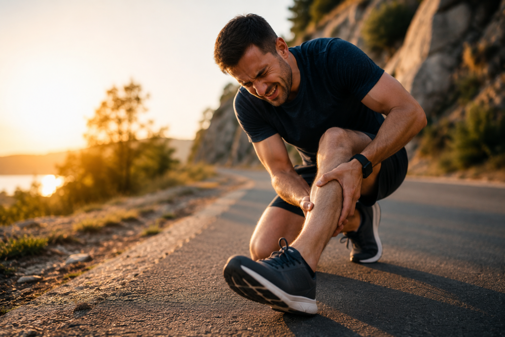 Runner holding their lower leg in pain after a weekend workout, illustrating a common weekend warrior injury caused by sudden increases in physical activity.