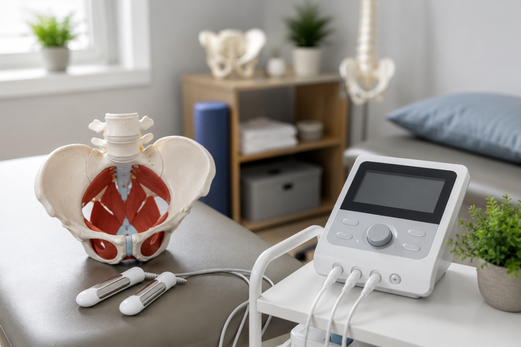 Pelvic floor anatomy model and E-Stim biofeedback device in a physical therapy treatment room used for pelvic health rehabilitation, bladder control training, and pelvic floor muscle therapy.