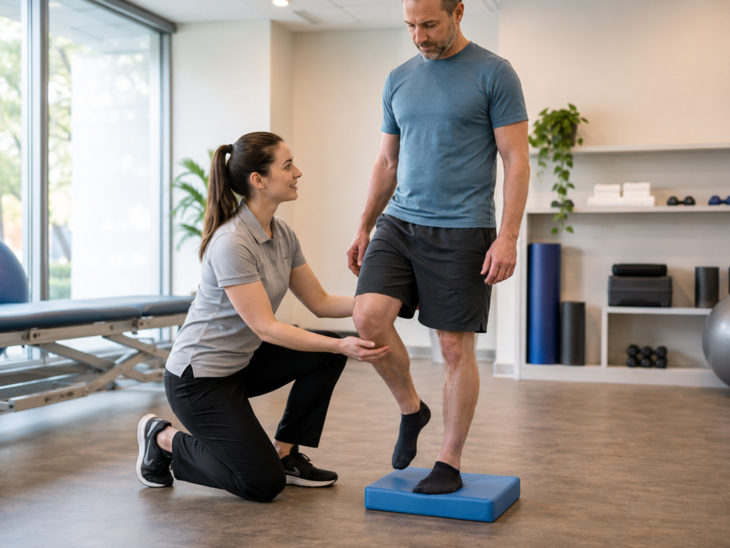 Physical therapist providing hip, knee and leg physical therapy during a single-leg balance exercise.