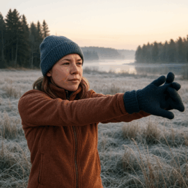 Woman stretching hands with gloves on during a cold Maine morning
