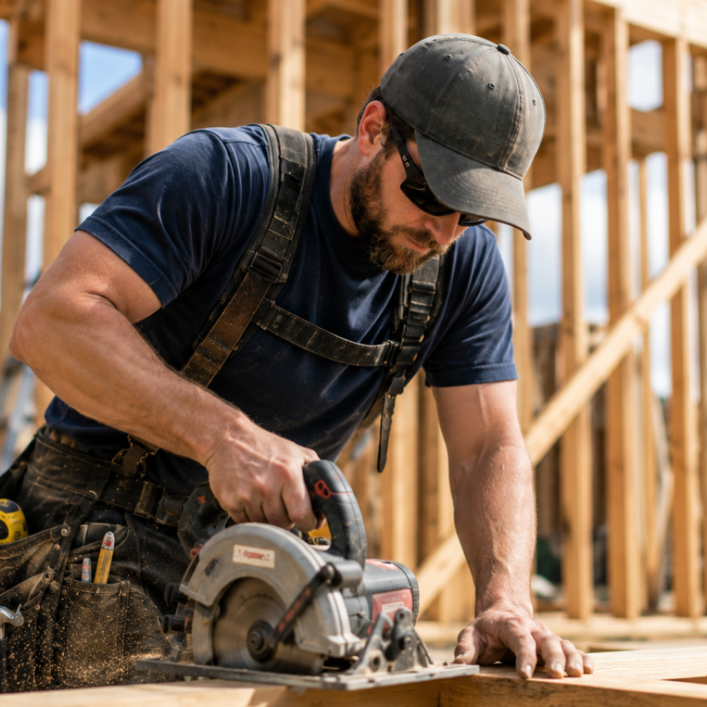 Tradesperson with shoulder pain caused by repetitive strain injuries
