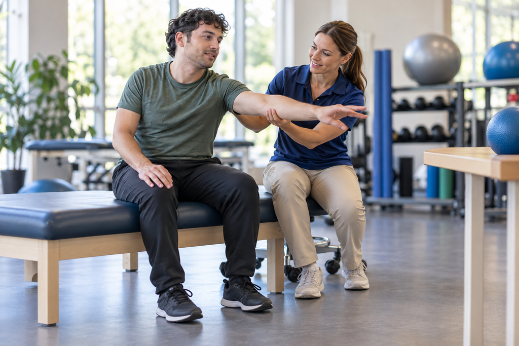 Physical therapist supporting an adult patient’s arm during a seated reaching exercise.