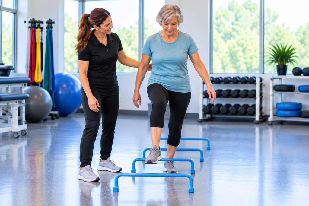Older woman practicing balance and coordination exercises by stepping over obstacles with guidance from a physical therapist during balance disorders physical therapy.