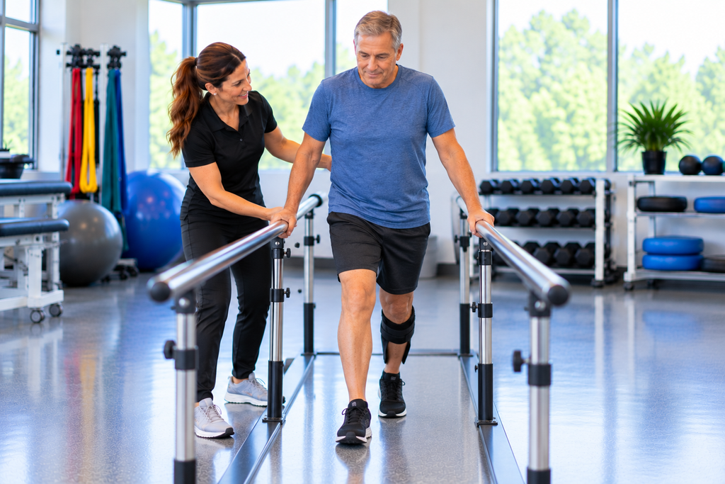 Older man practicing walking between parallel bars with guidance from a physical therapist, illustrating gait training used in stroke rehabilitation physical therapy.