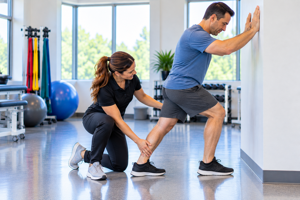Patient performing a supported calf stretch with guidance from a physical therapist, illustrating mobility exercises used in spastic cerebral palsy physical therapy.