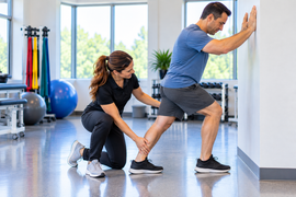 Patient performing a supported calf stretch with guidance from a physical therapist, illustrating mobility exercises used in spastic cerebral palsy physical therapy.