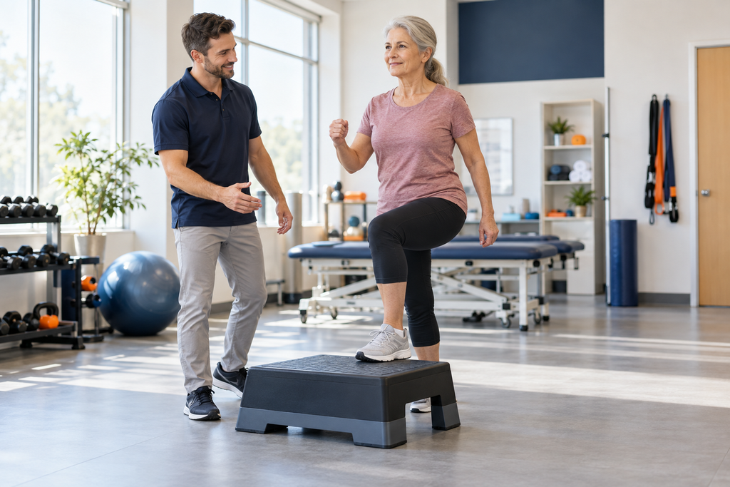 Physical therapist guiding a patient through a step-up during a movement and balance assessment