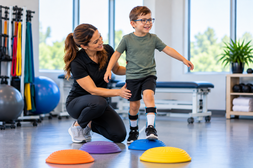 Child wearing ankle-foot braces practicing balance exercises with a physical therapist during cerebral palsy physical therapy.