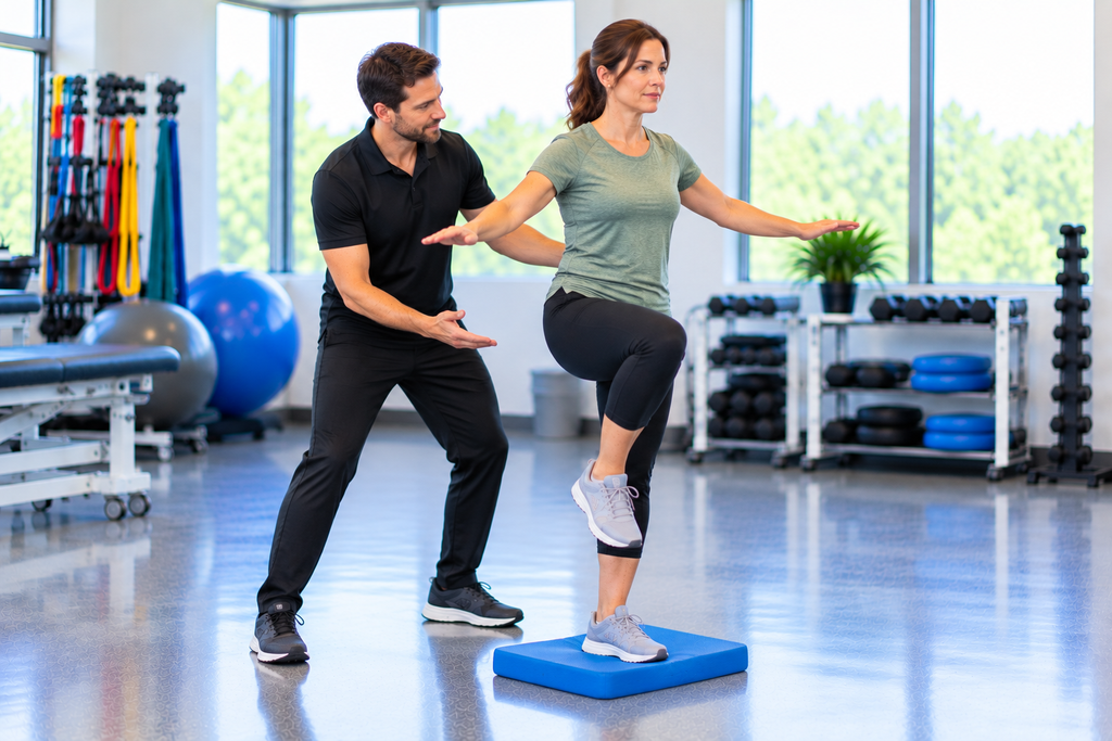 Woman practicing a single-leg balance exercise on a foam pad with guidance from a physical therapist, illustrating multiple sclerosis physical therapy.