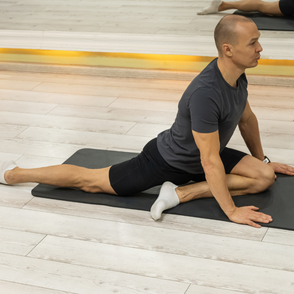 close up of hip stretch improving mobility and reducing back strain
