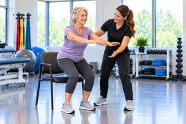 Older woman practicing a sit-to-stand exercise with guidance from a physical therapist during fall prevention physical therapy to improve strength and balance.