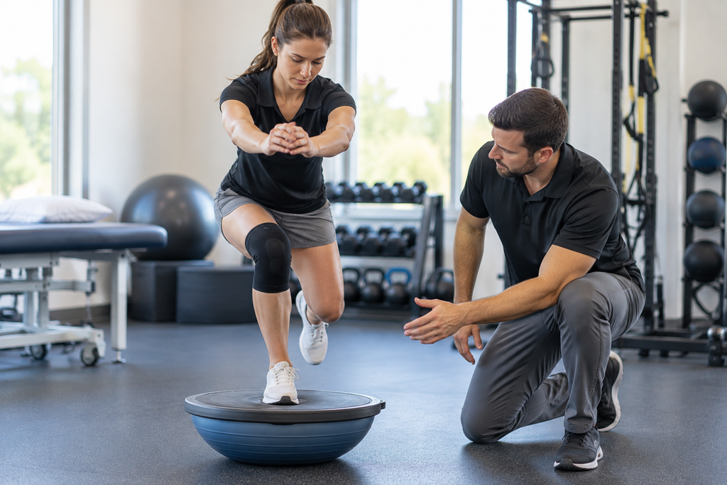 Patient performing a knee strengthening exercise during ACL reconstruction rehabilitation.