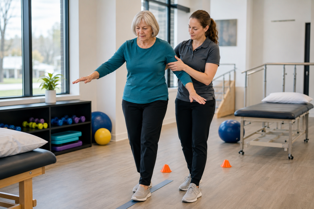 Physical therapist providing one-on-one balance training to an older adult in a Maine physical therapy clinic.
