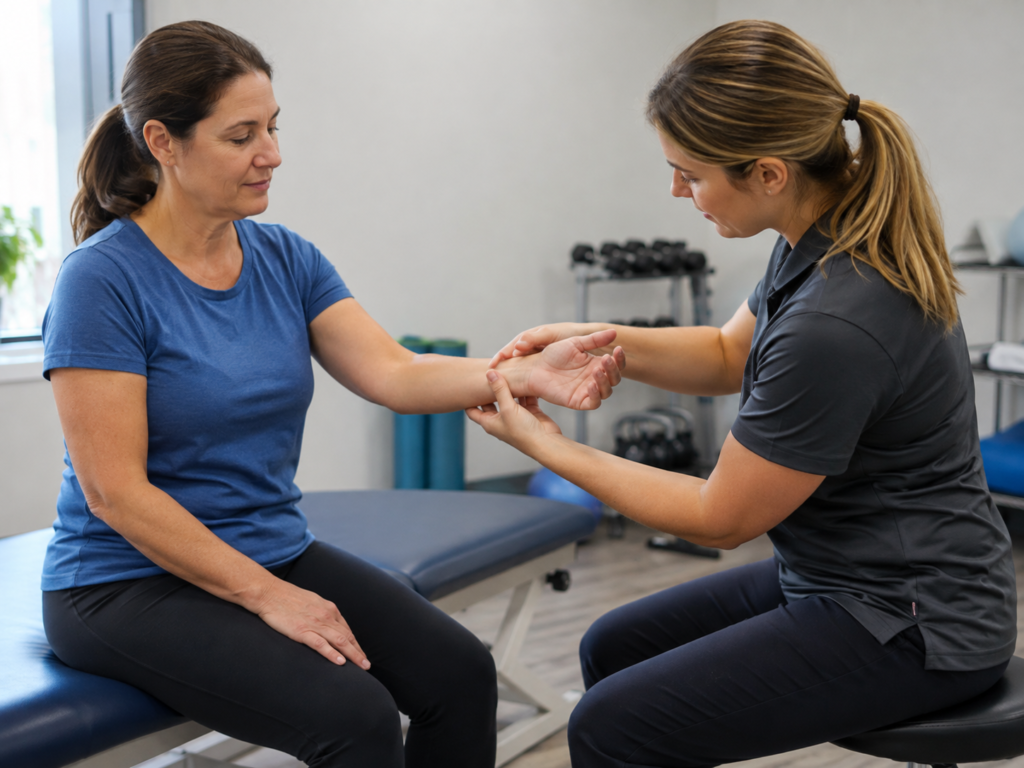 Physical therapist providing carpal tunnel syndrome treatment while assessing a patient’s wrist movement, hand strength, and numbness symptoms.
