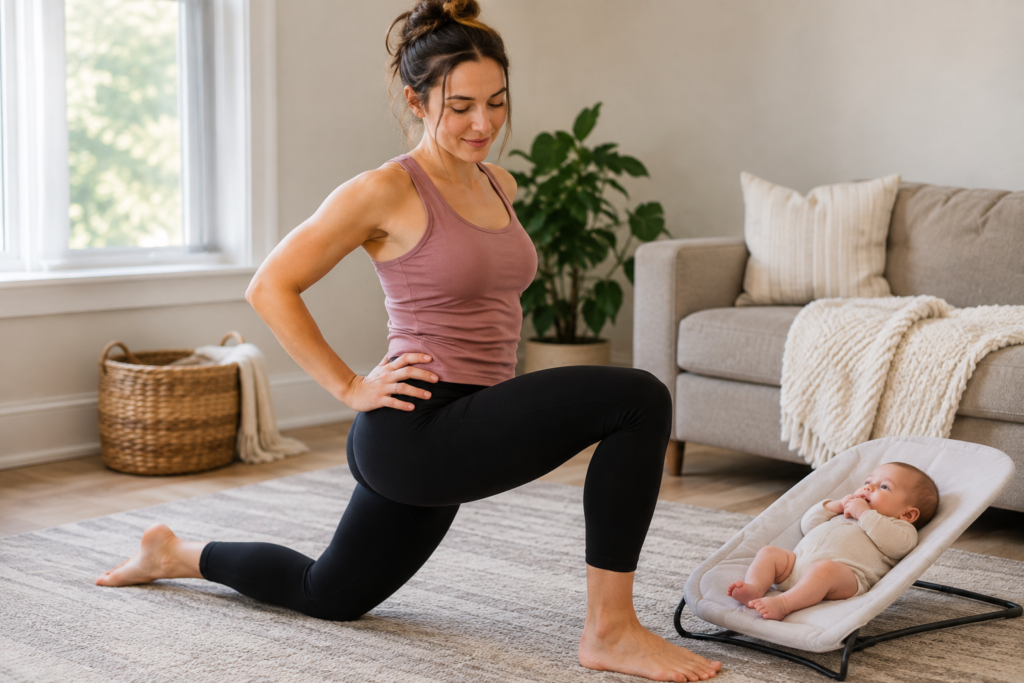 Mother performing a gentle exercise during Cesarean section recovery after having a baby.