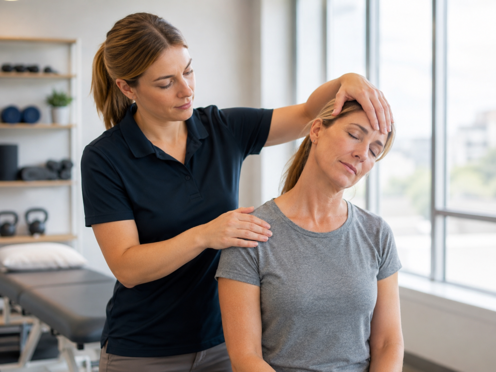 Physical therapist guiding a patient through a gentle neck stretch for chronic neck pain.