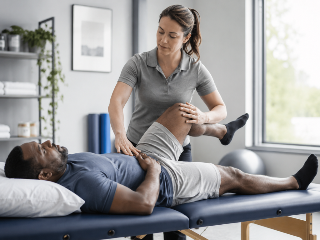 Physical therapist providing chronic pain physical therapy during a gentle hip and leg mobility exercise.