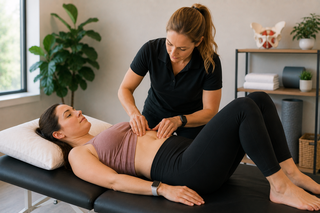 Physical therapist assessing diastasis recti and abdominal muscle function in a postpartum patient.