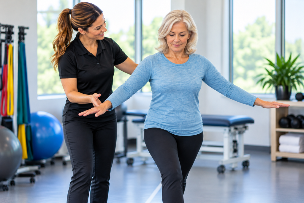 Patient practicing balance exercises during dizziness physical therapy with guidance from a physical therapist.