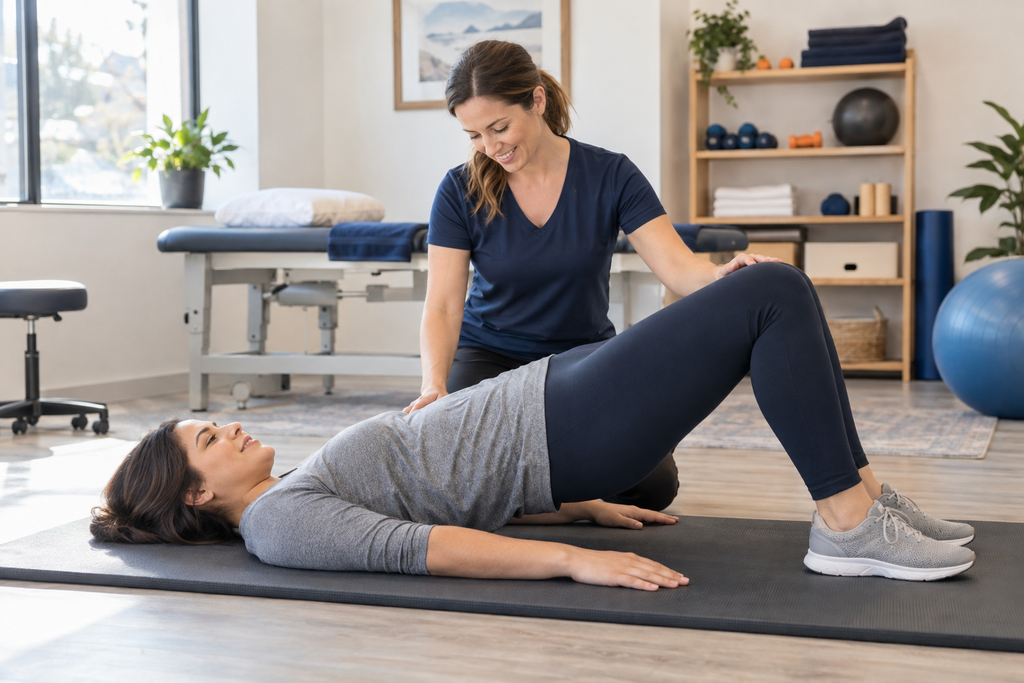 Woman beginning gentle exercise after C-section with guidance from a pelvic health physical therapist.