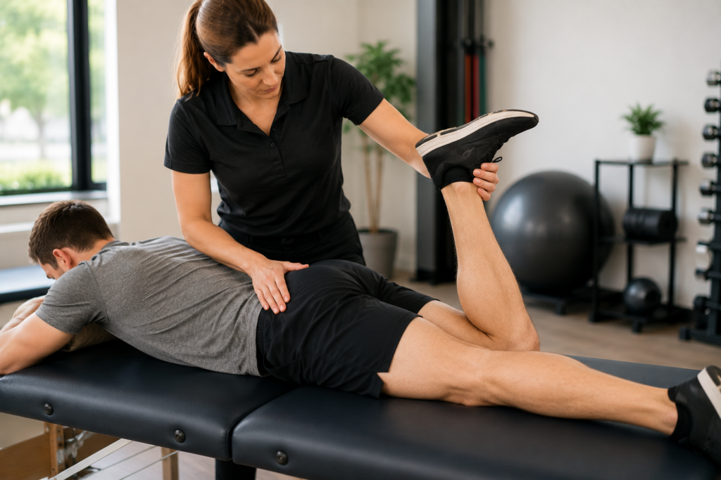 Physical therapist providing hamstring injury treatment while assessing the back of a patient’s thigh and leg movement.