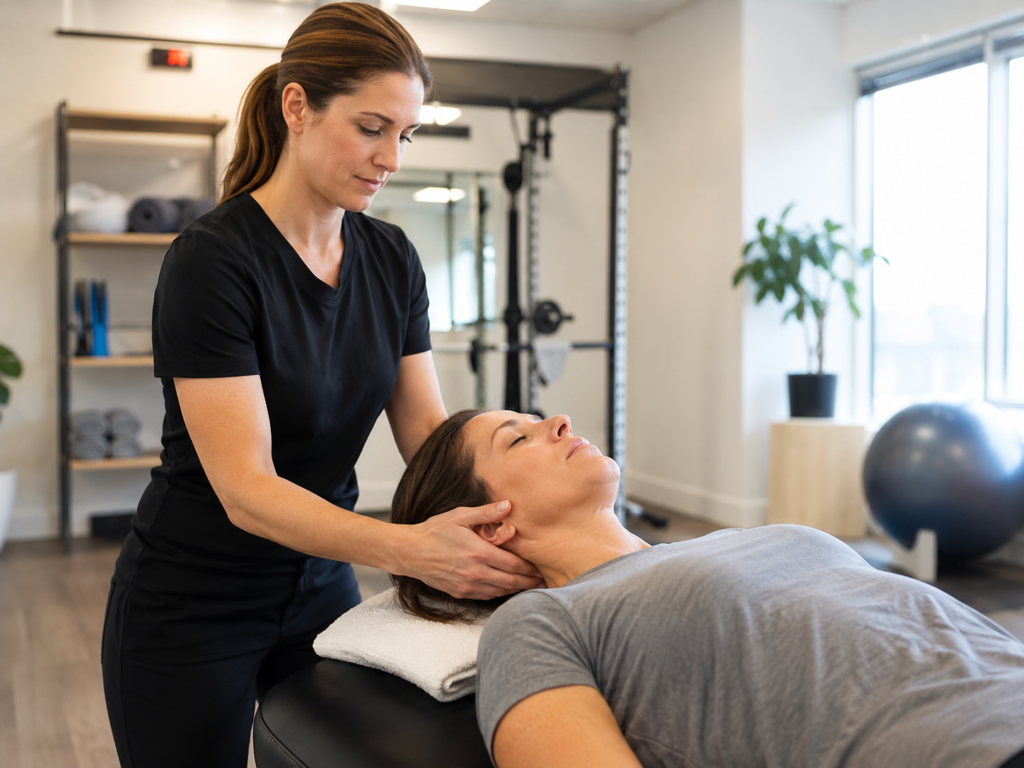 Physical therapist providing headache treatment while assessing a patient’s neck movement, posture, and muscle tension.