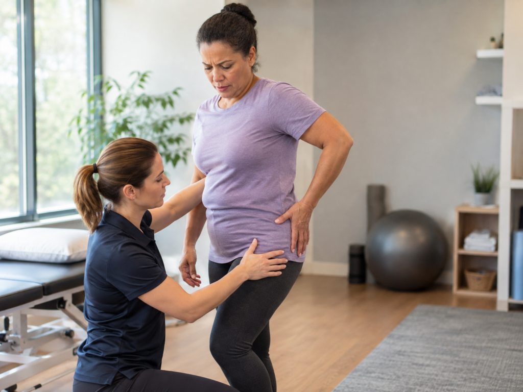 Physical therapist evaluating a patient receiving treatment for hip pain in a Maine clinic.