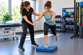 Patient performing a balance exercise during foot and ankle surgery recovery with a physical therapist.