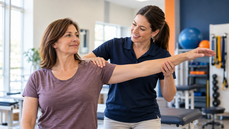Physical therapist evaluating a patient experiencing shoulder pain and limited movement
