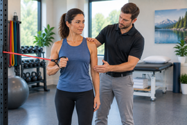 Patient performing a shoulder strengthening exercise during tendonitis physical therapy.