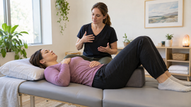Woman with Kegels and pelvic pain practicing pelvic floor relaxation with a physical therapist.