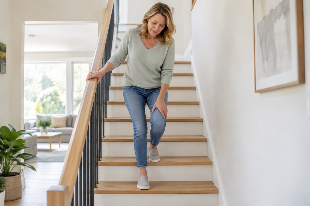 Woman experiencing knee pain while carefully walking downstairs and holding the railing.