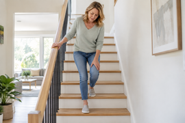 Woman experiencing knee pain while carefully walking downstairs and holding the railing.