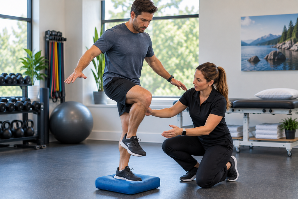 Patient performing a balance exercise during ligament sprain physical therapy.