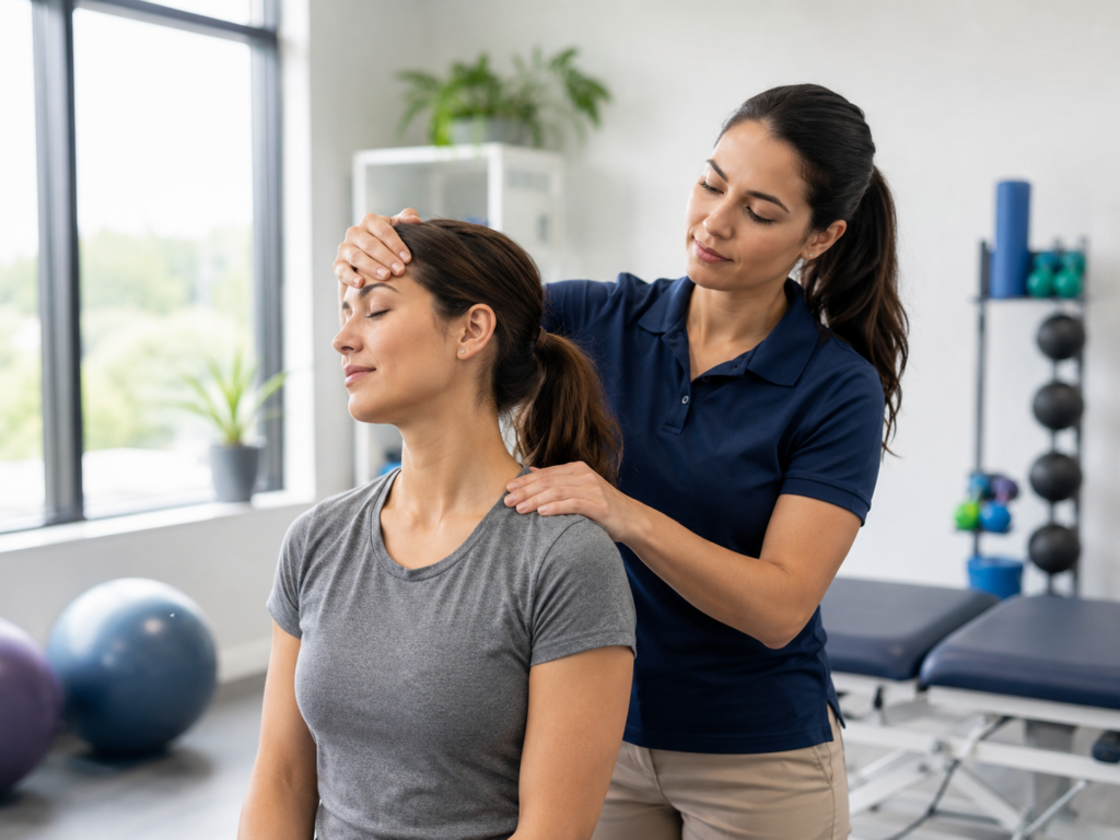 Physical therapist providing migraine treatment support while assessing a patient’s neck movement, balance, and headache-related symptoms.